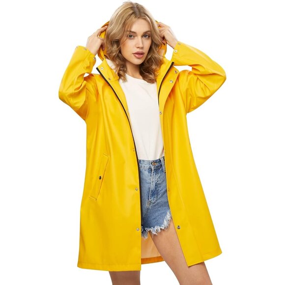 💫 Women Yellow Long Rain Coats Waterproof Hooded Outdoor Windbreaker Jackets